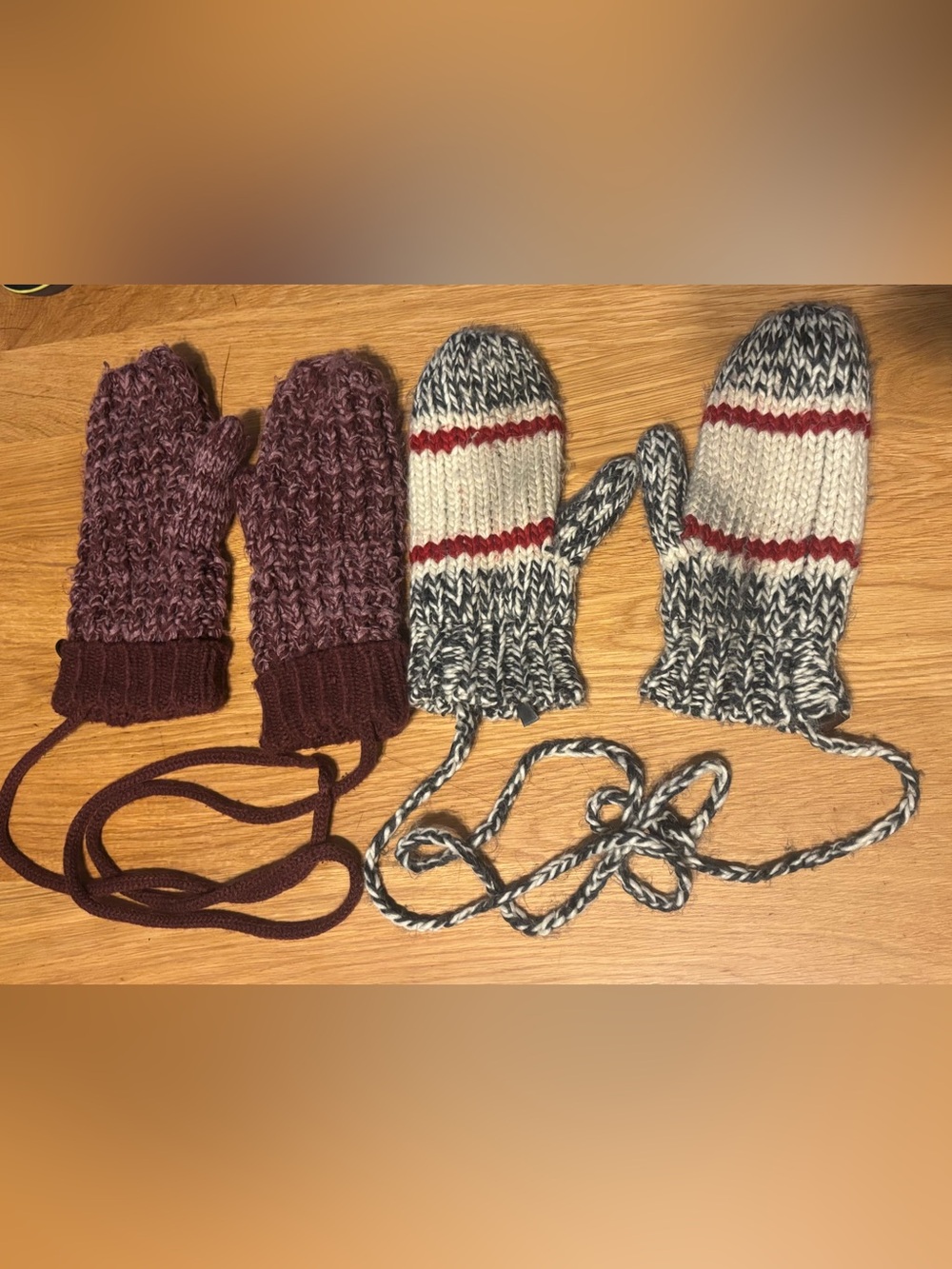 Roots Woman’s Knit Mittens Set - Burgundy & Cream/Salt & Pepper with Red Stripe
